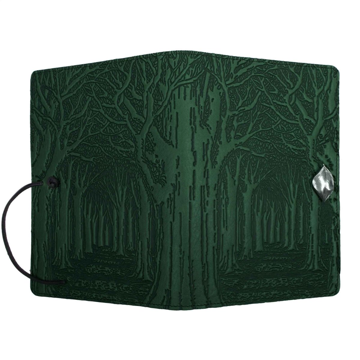 Oberon Design Leather Refillable Journal Cover, Avenue of Trees, Green - open