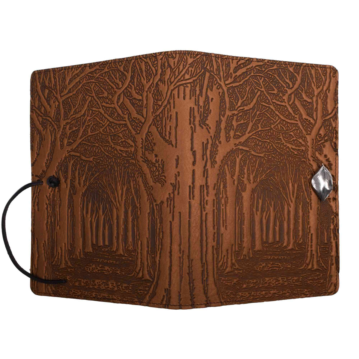 Oberon Design Leather Refillable Journal Cover, Avenue of Trees, saddle - open