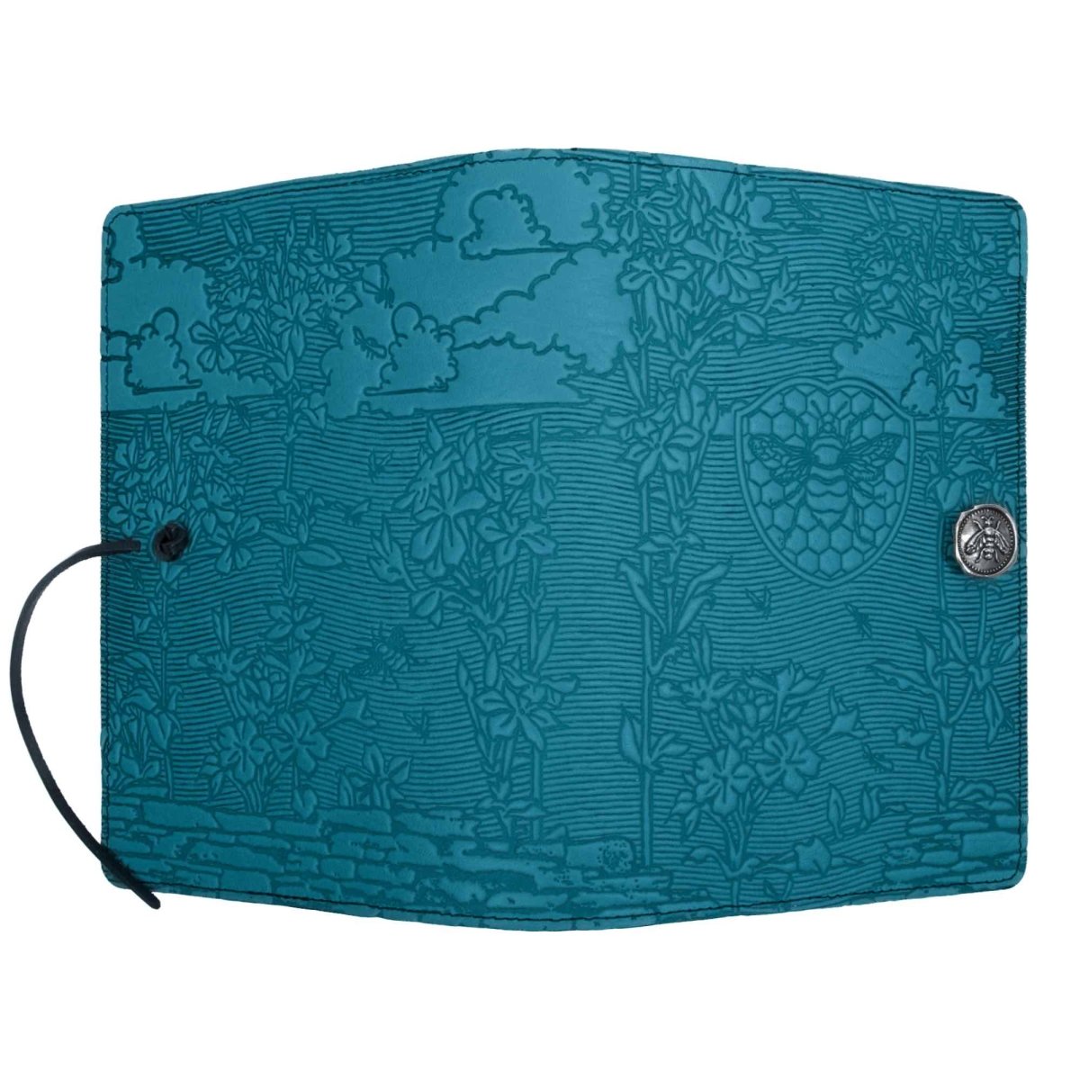 Oberon Design Leather Refillable Journal Cover, Bee Garden, Blue- open