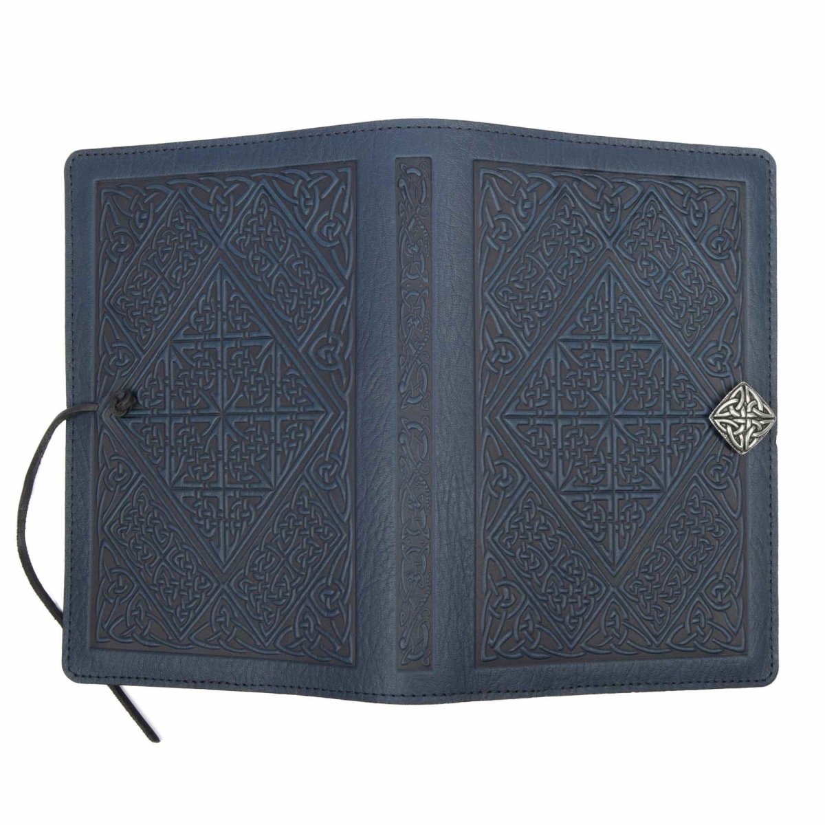 Leather Journal Cover, Celtic Braid in Navy, open view, by Oberon Design