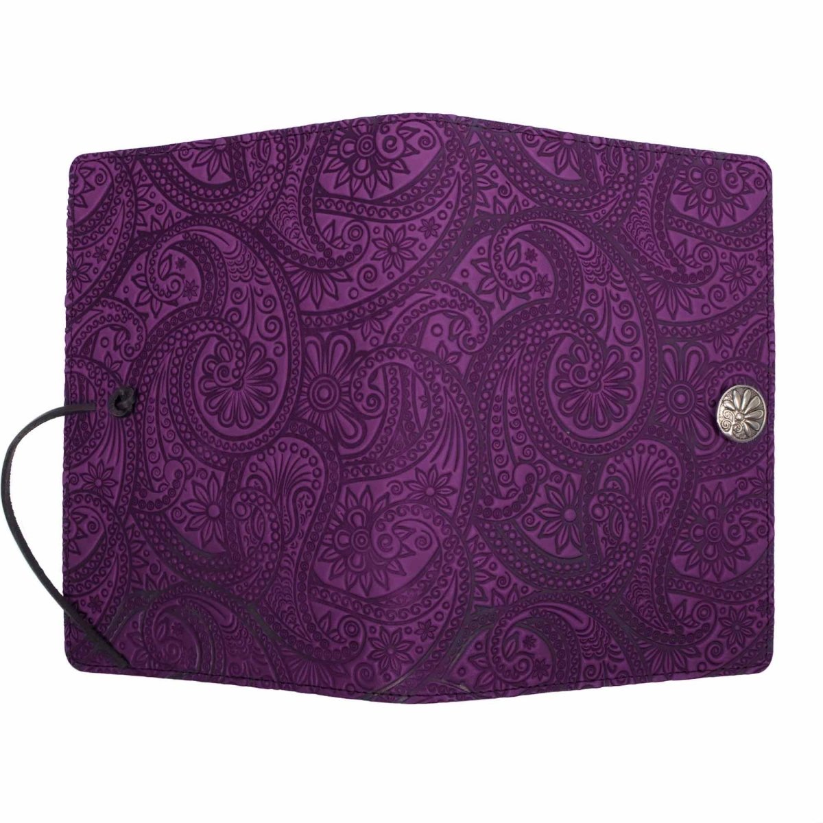 Leather Journal Cover, Paisley in Orchid by Oberon Design, open view