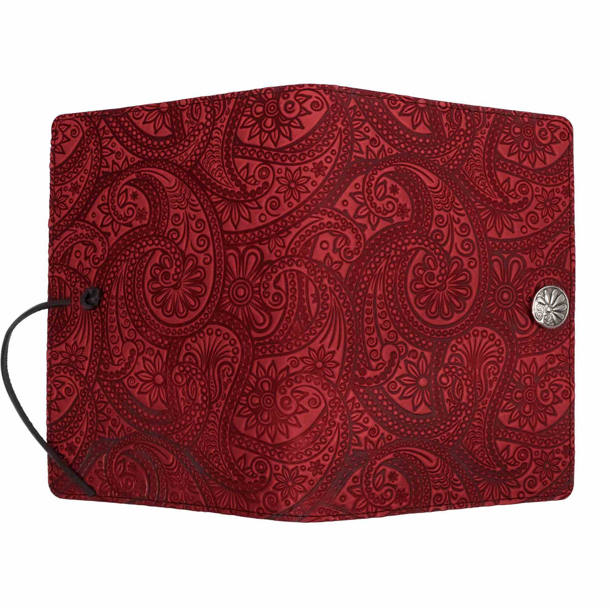 Leather Journal Cover, Paisley in Red by Oberon Design, open view