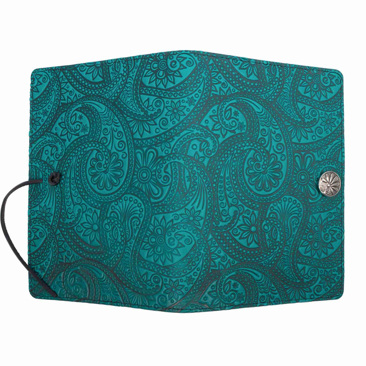 Leather Journal Cover, Paisley in Teal by Oberon Design, open view