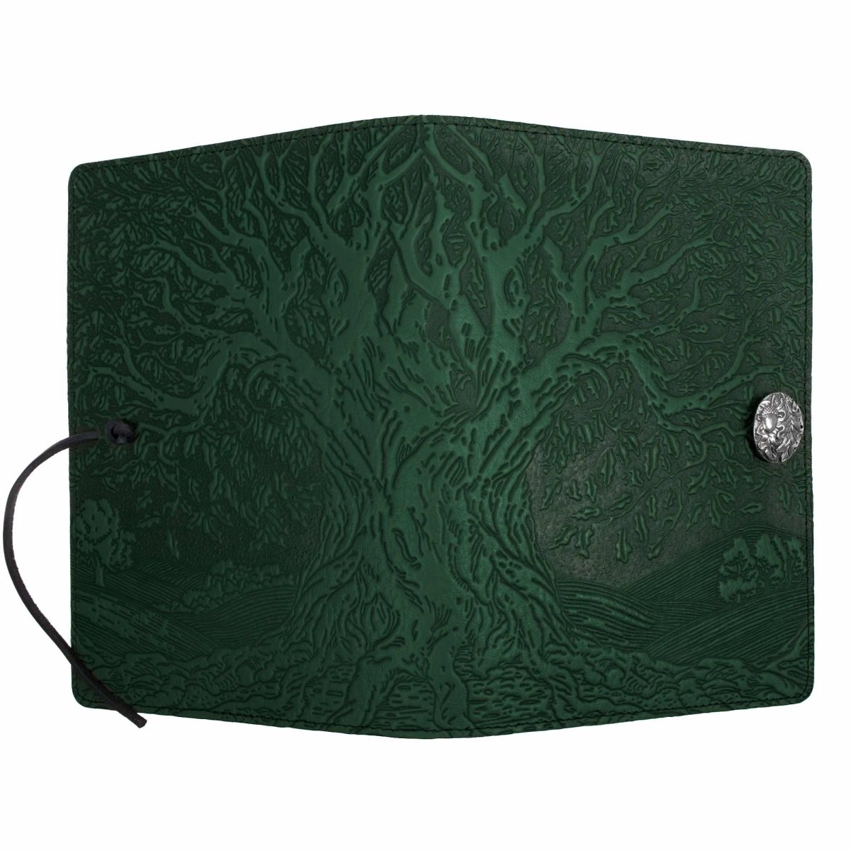 Leather Journal Cover, tree of life in green by Oberon Design, open