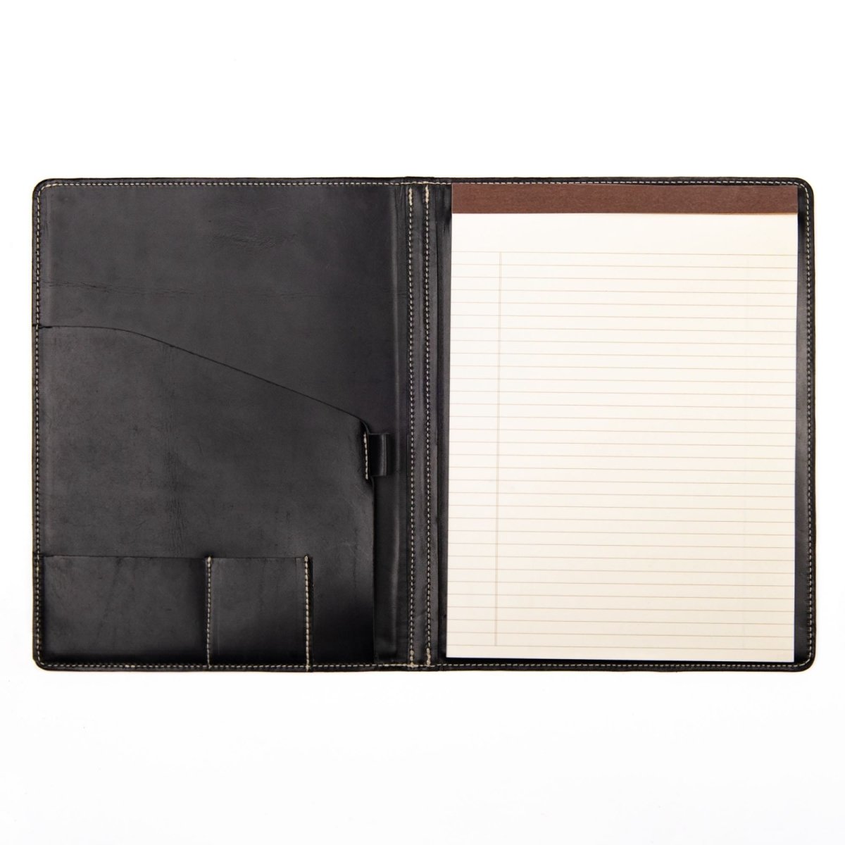 Leather Portfolio, Black with interior paper notebook view, Made in the USA