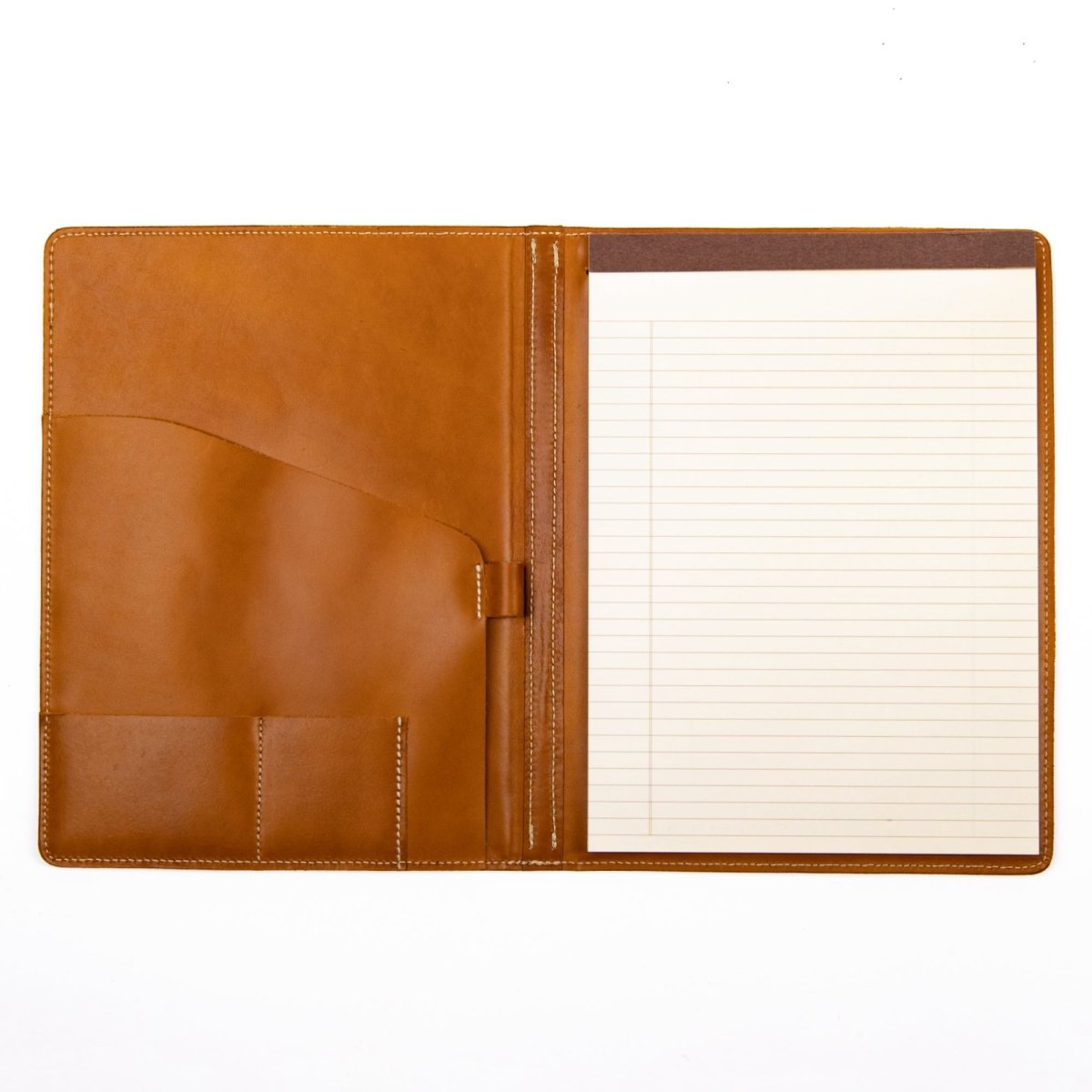 Leather Portfolio, brown canyon color with interior paper notebook view, Made in the USA