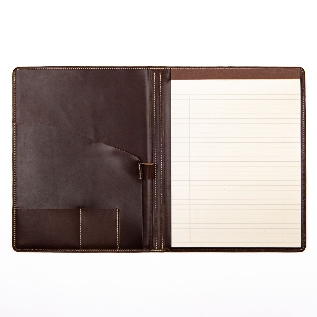 Leather Portfolio, Brown chocolate espresso color with interior paper notebook view, Made in the USA