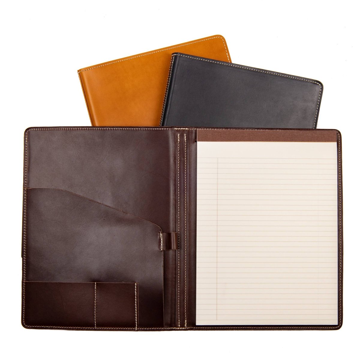 Leather Portfolio, Black, tan and brown with interior paper tablet view, Made in the USA