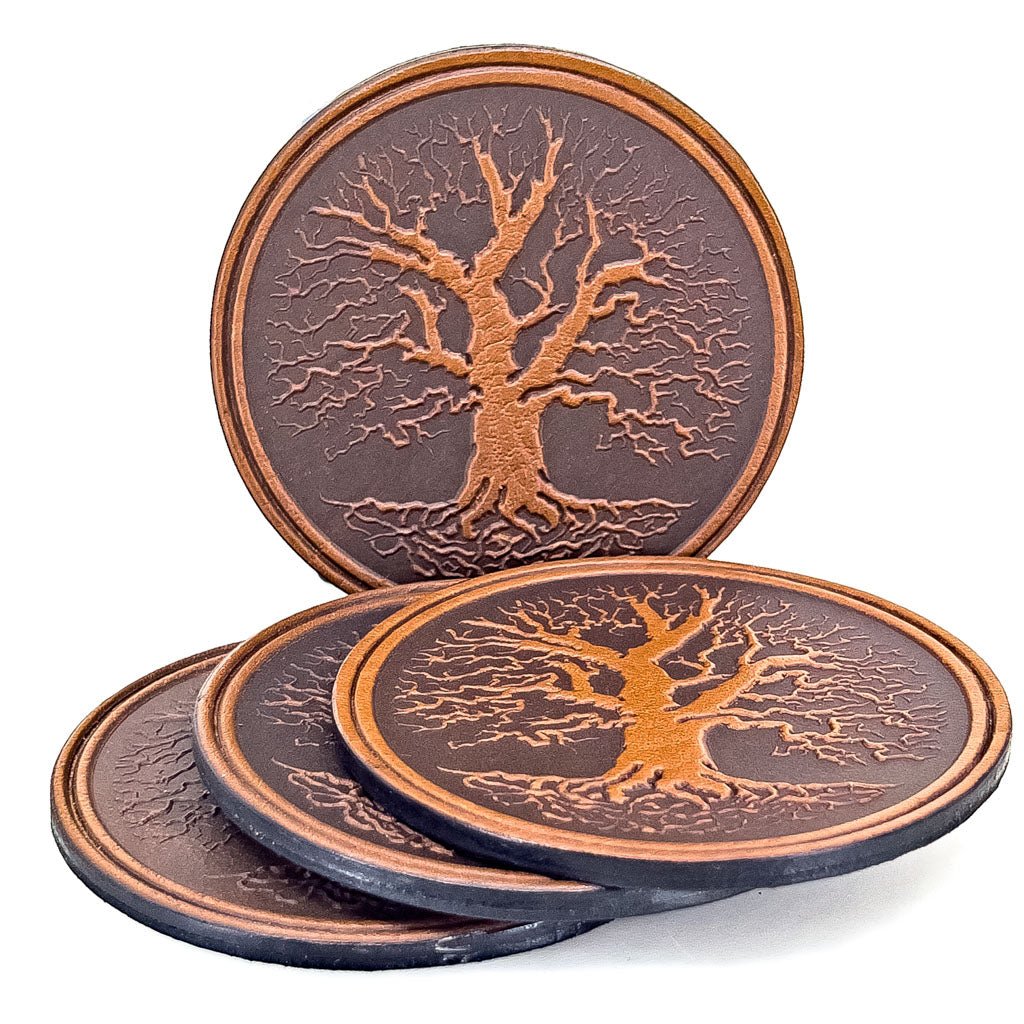 Premium Leather Coasters, Tree of Life, Handmade in The USA, Set of 4, Green