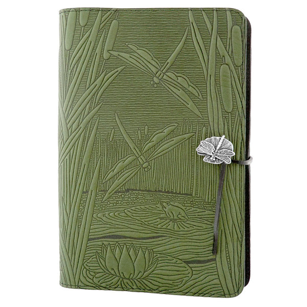 Oberon Design Large Refillable Leather Notebook Cover, Dragonfly Pond