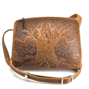Oberon Design Leather Women's Handbag, Tree of Life Streamline Chocolate