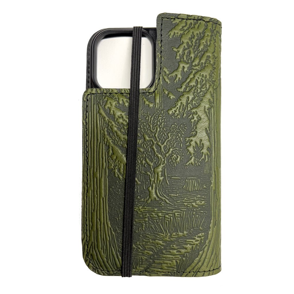 Oberon Design Leather Wallet Folio Case for iPhones, Forest