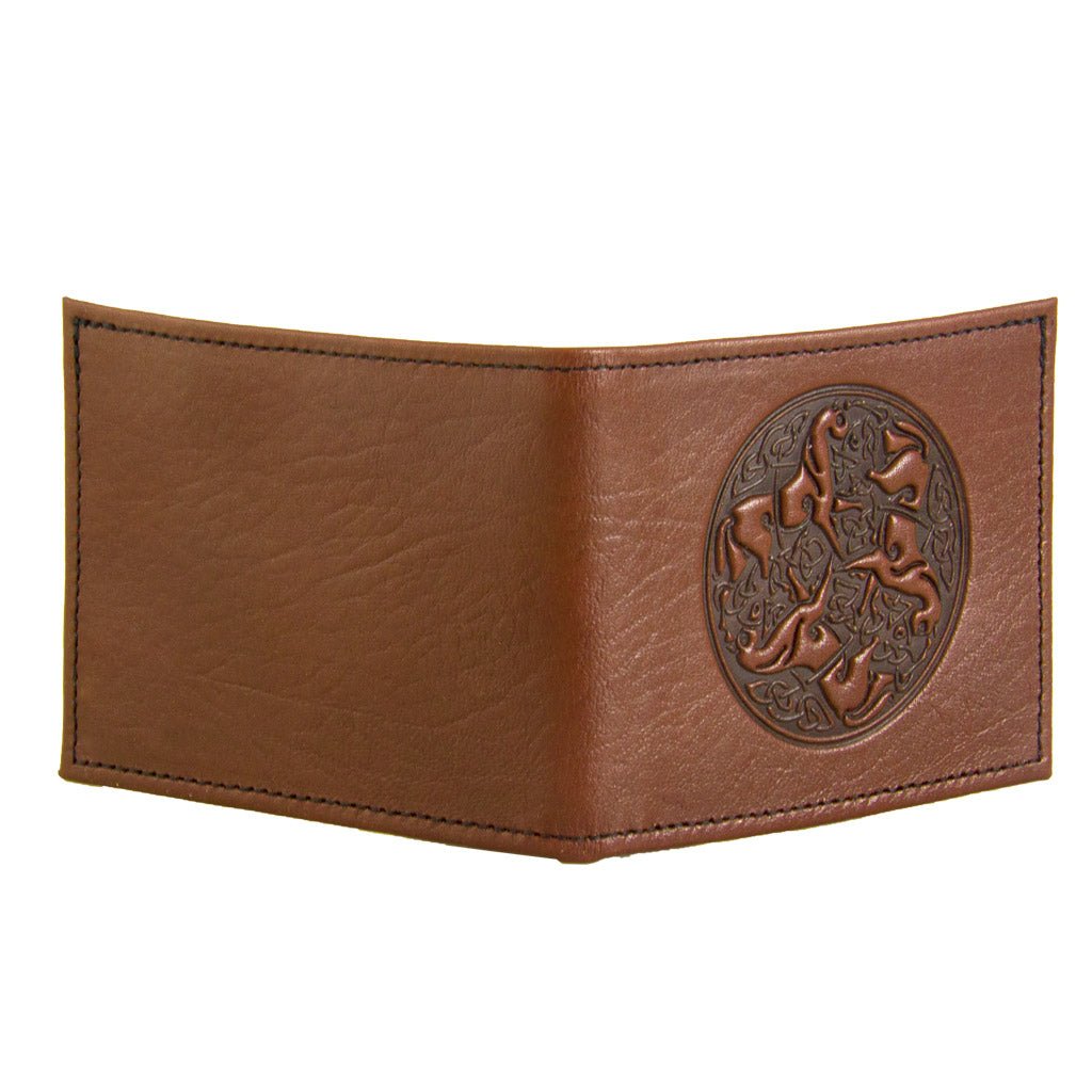 Oberon Design Leather Men's Wallet, Celtic Horses, Wine