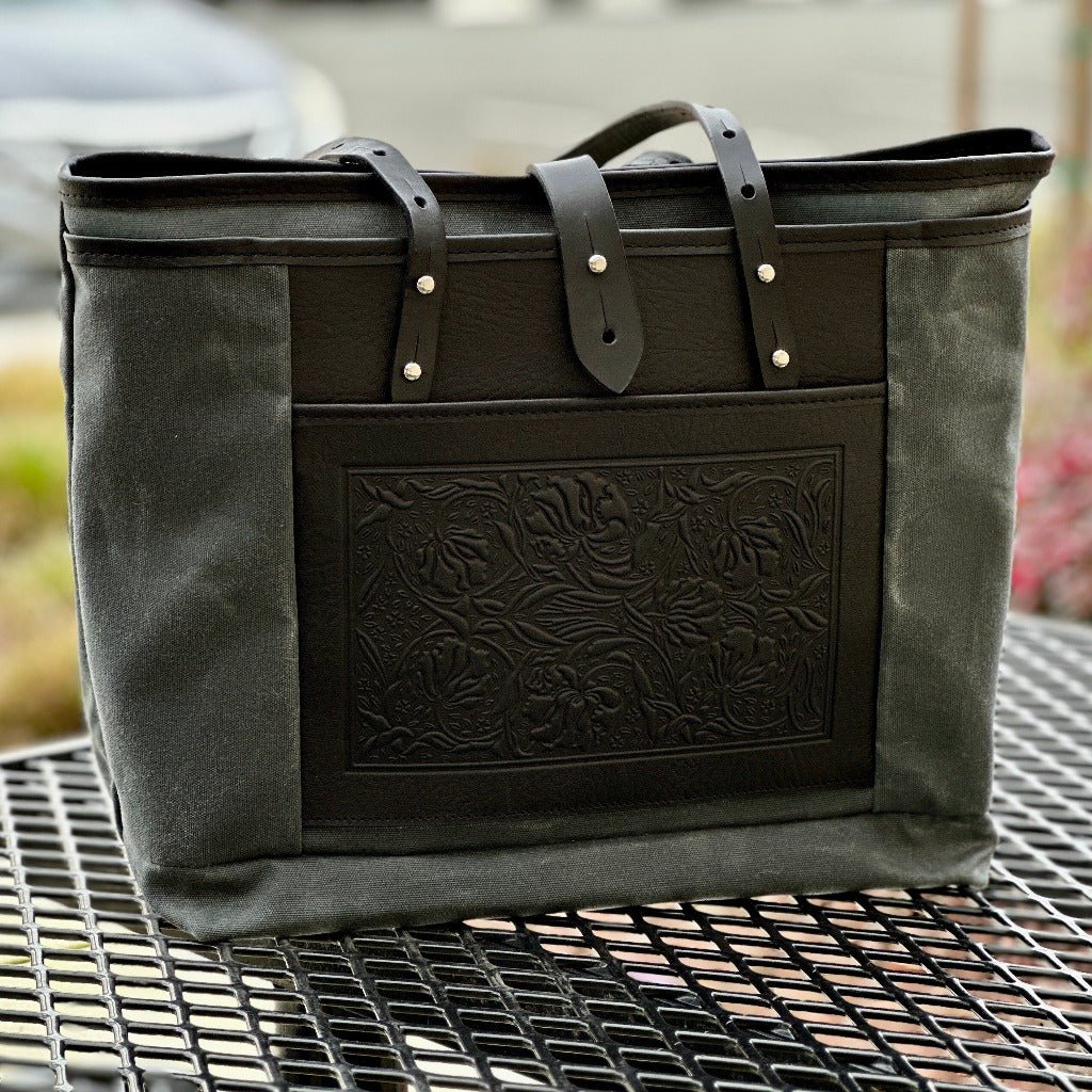 Waxed Canvas and Leather Everyday Tote Handbag, Wild Rose Charcoal and Black